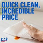 Hand wiping a spill with a Scott paper towel under large blue text reading quick clean, incredible price
