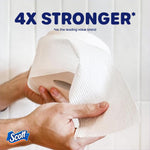 Hands stretching a textured Scott toilet paper sheet with bold text claiming ‘4x stronger’ above