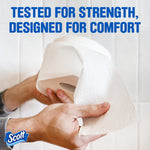 Close-up of hands holding and testing a Scott toilet paper roll under the headline about strength and comfort.