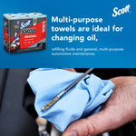 Scott Shop Towels pack with text stating multi-purpose use alongside image of a hand holding a blue towel and a dipstick