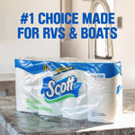 Pack of Scott Rapid Dissolving toilet paper on a counter with overlay text claiming #1 choice for RVs & boats