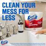 Kitchen sink scene with a pack of Scott paper towels on the counter and large blue text reading clean your mess for less