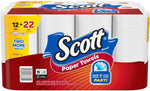 Pack of Scott paper towels in red packaging showing large Scott logo and 12=22 callout
