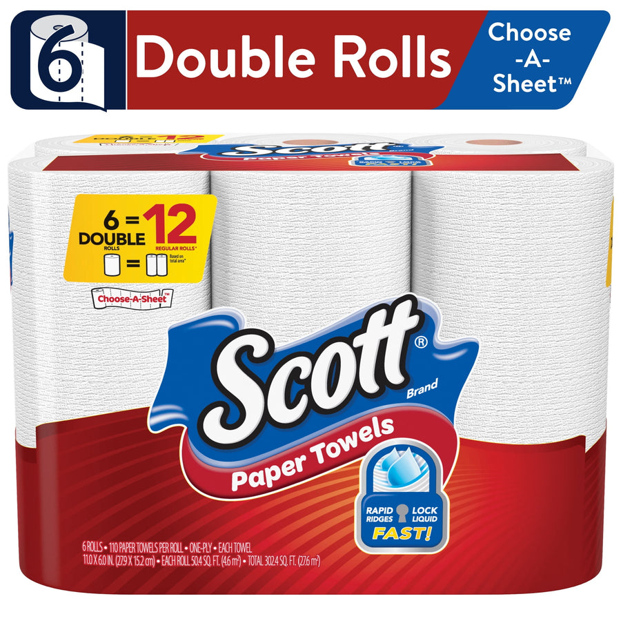 Packaged Scott paper towels six double rolls in red and white wrapper with Scott logo and product badge