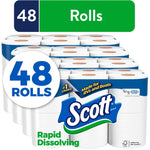 Stack of Scott Rapid Dissolving toilet paper rolls in clear packaging labeled 48 rolls