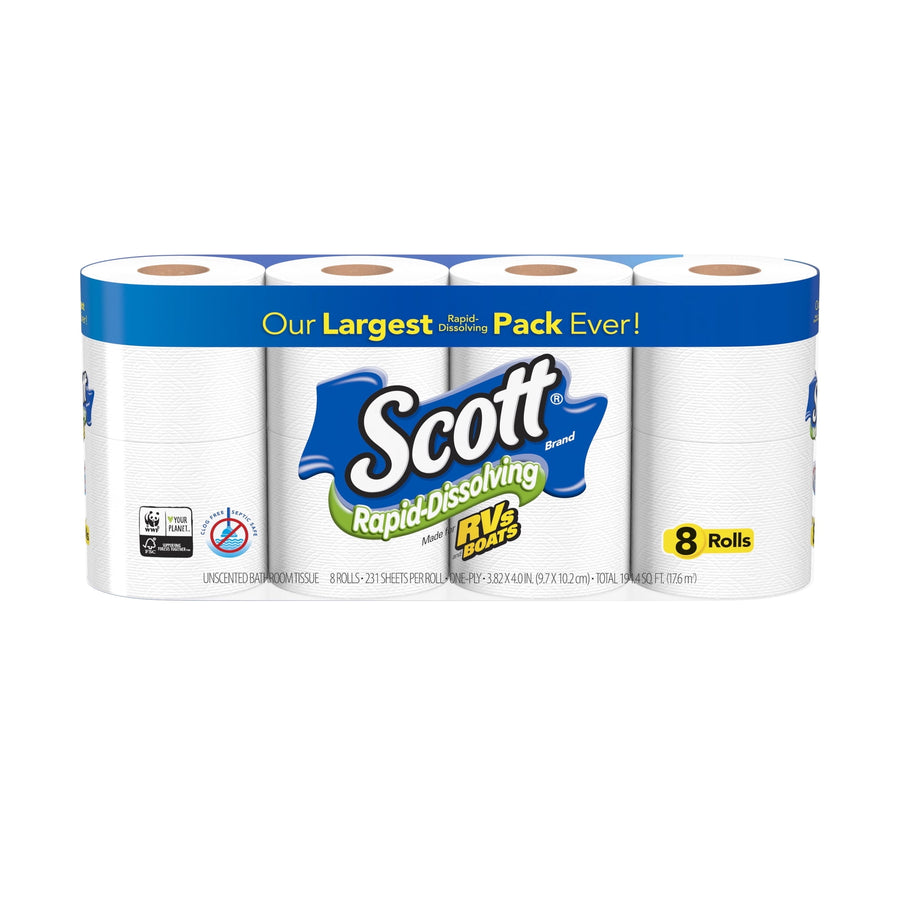 Front-facing package of Scott Rapid-Dissolving toilet paper showing eight rolls and brand logo