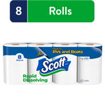 Packaged Scott rapid-dissolving toilet paper eight-roll pack labeled for RVs and boats with green product banner above