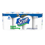 Packaged Scott Rapid Dissolving toilet paper showing eight white rolls with blue Scott logo and green text