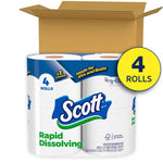 Opened cardboard box revealing a four-roll Scott Rapid Dissolving toilet paper pack with a 4 rolls badge