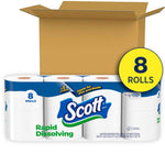 Open corrugated box behind a shrink-wrapped Scott rapid-dissolving toilet paper eight-roll pack