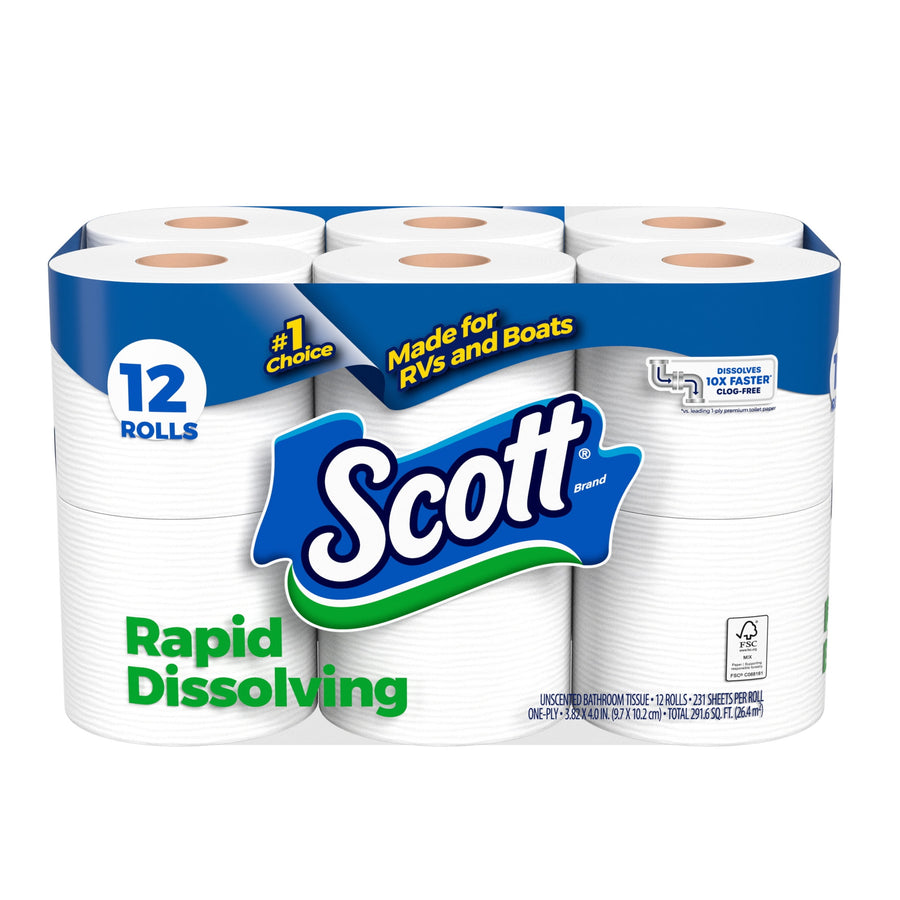 Pack of Scott Rapid Dissolving toilet paper showing blue Scott logo and green product text