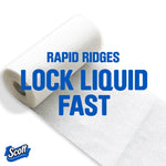 Unrolled Scott paper towel roll showing textured rapid-ridges surface with bold lock liquid fast text