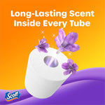Floating Scott toilet paper roll with lavender flowers and text about long-lasting scent inside every tube