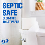 Bathroom scene with a roll of Scott toilet paper on a toilet tank and text declaring 'Septic safe, clog-free toilet paper'