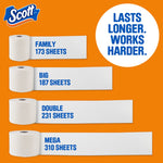 Infographic comparing roll sheet counts on orange background with Scott logo and 'Lasts longer. Works harder.' text.
