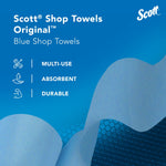 Blue Scott Shop Towels Original brand panel listing 'Multi-use', 'Absorbent', and 'Durable' features on blue background.