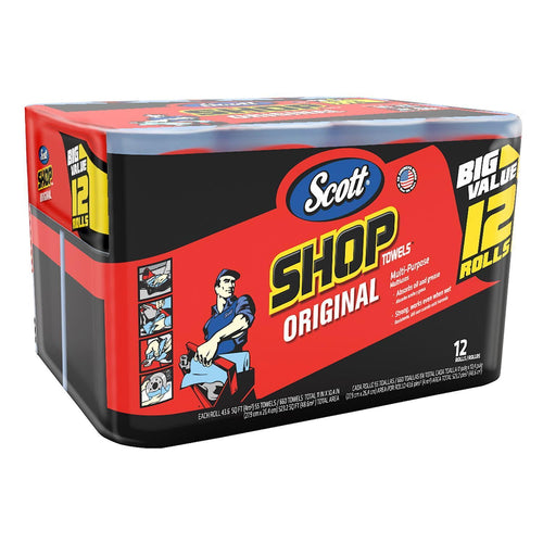 Packaged Scott Shop Original towels multipack with red and black graphics and '12 rolls' label