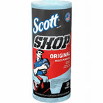 Scott Shop Original multi-purpose blue shop towel roll in black and red branded packaging showing a 55 towels label