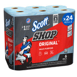 Three-dimensional view of Scott Shop Towels original pack showing six blue towel rolls in red and gray packaging