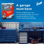 scott shop original shop towels two-roll pack shown on a blue banner reading a garage must-have above a workshop scene with tools and cabinets