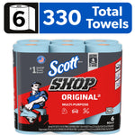 Pack of Scott Shop Towels original multi-purpose rolls with blue towels visible and bold red packaging