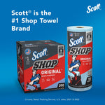 brand panel showing scott shop towels original with a single roll labeled 55 towels next to a boxed pack on a blue background