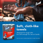 promotional graphic showing a person wiping hands with a blue shop towel and a scott shop towels two-roll pack with text about softness