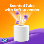 Single Scott toilet paper roll with purple lavender flowers and text promoting scented tube on orange background