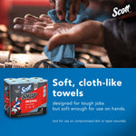 Close-up of hands using a blue Scott shop towel over an engine with product pack and ‘soft, cloth-like towels’ text