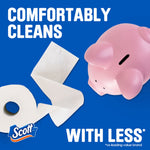 Blue-background graphic showing a roll and loose sheet of Scott toilet paper beside a pink piggy bank with savings message