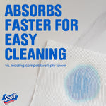 Close-up of a Scott paper towel sheet absorbing a blue liquid with text claiming faster absorption