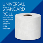 Close-up product graphic of a universal standard Scott toilet paper roll on a blue background with text about elevated Scott design.