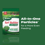 Promotional graphic with a Scotts Turf Builder bag on a green background and text highlighting 'All-In-One Particles' for even feeding.