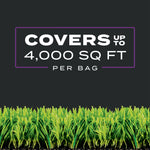 Promotional panel stating 'Covers up to 4,000 sq ft per bag' over a row of illustrated grass at the bottom