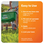 Instructional panel showing a person using a Scotts spreader with steps for easy application of product