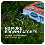 Close-up of Scotts DiseaseEx bag lying in grass with bold text stating no more brown patches
