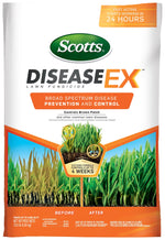 Front-facing Scotts DiseaseEx lawn fungicide bag showing before-and-after grass graphic and product branding