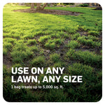Lawn close-up showing patchy turf with text stating use on any lawn, any size and bag coverage claim