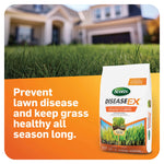 Scotts DiseaseEx bag on grass with blurred house background and text promoting prevention of lawn disease