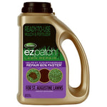 Gold plastic jug of Scotts EZ Patch lawn repair with purple label for St. Augustine lawns and handle at right