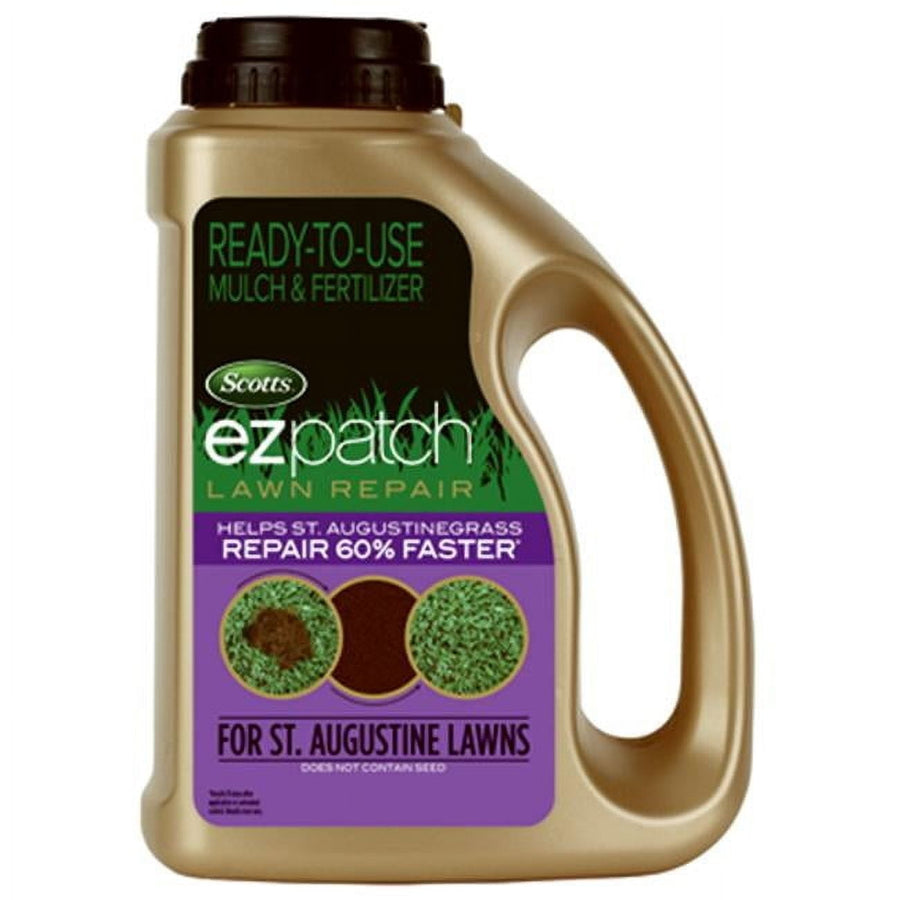 Gold plastic jug of Scotts EZ Patch lawn repair with purple label for St. Augustine lawns and handle at right