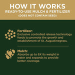 Instructional graphic titled ‘How it works’ explaining fertilizer and mulch benefits for St. Augustinegrass