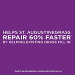 Purple graphic reading ‘Helps St. Augustinegrass repair 60% faster’ with small disclaimer text at bottom