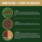 Three-step instructional panel showing prep, apply, and water steps with circular close-up images