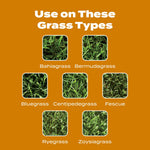 Orange panel titled 'Use on These Grass Types' with labeled close-ups of various grasses like bluegrass and bermudagrass