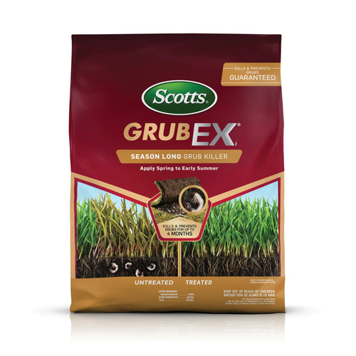 Bag of Scotts GRUBEX season‑long grub killer with grass and soil illustration on front