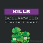 Graphic panel with text 'Kills' and illustration of dollarweed and clover underlining weeds killed by the product