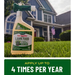 Scotts Turf Builder lawn food bottle placed on lawn with suburban house blurred in background and usage text