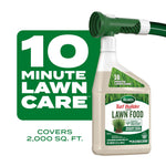 Scotts Turf Builder lawn food bottle attached to a green garden hose nozzle with large '10 Minute Lawn Care' text