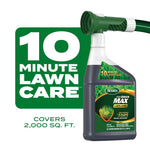 Scotts Liquid Green Max bottle attached to a hose spray nozzle with large '10 minute lawn care' text behind it
